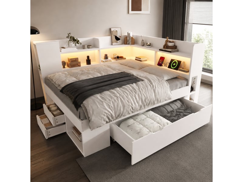  Lit de jour 140 x 200 cm blanc avec rangement, led, ports usb et type-c  - Conforama D