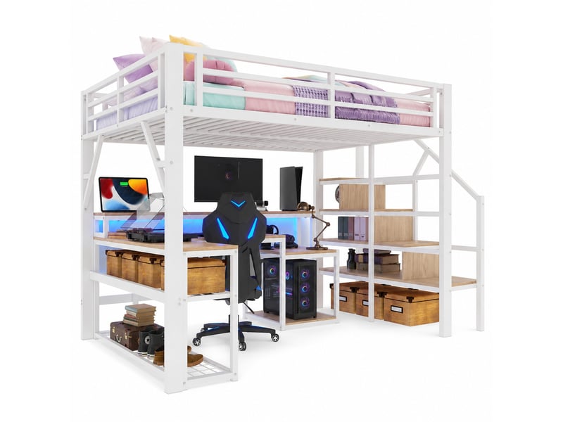  Lit mezzanine 140 x 200 cm avec bureau, led, usb, rangements et escalier blanc  - Conforama A