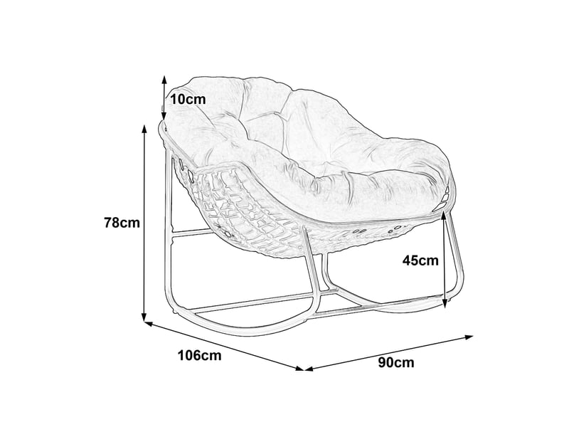 Rocking-chair en rotin avec coussin épais et structure en acier, assise large pour terrasse et jardin, bleu marine - Conforama E