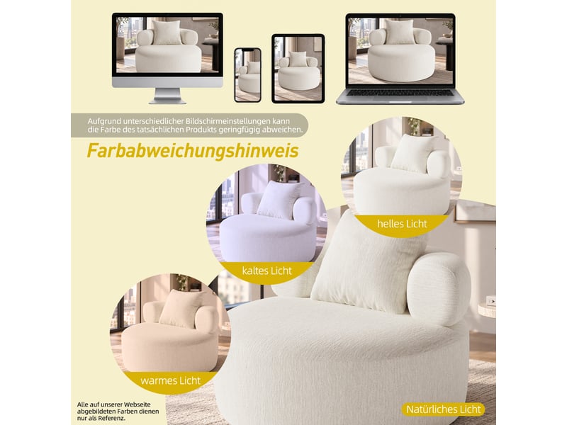  Fauteuil pouf rond avec coussin, dossier enveloppant et base antidérapante, mousse haute densité, chenille beige  - Conforama E