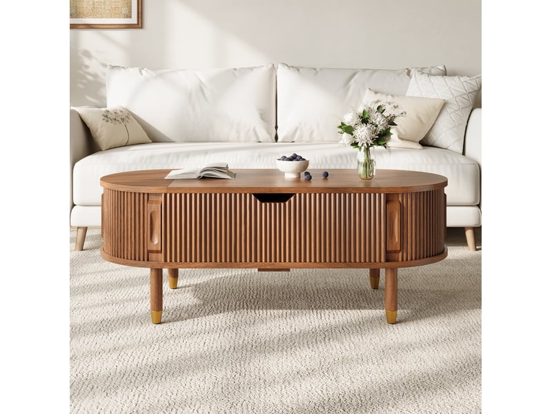  Table basse ovale 110x48x57 cm, plateau relevable, porte coulissante, rangement, mdf pieds bois d’hévéa, noyer  - Conforama E