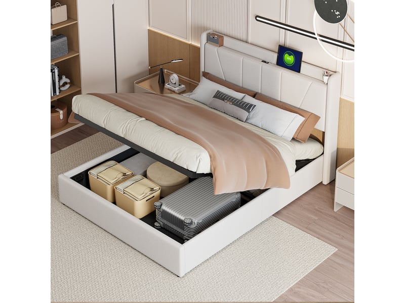  Lit coffre 2 places 160x200 cm, lit adulte double avec rangement, 2 ports usb et 1 type-c, design simple, lin beige  - Conforama B