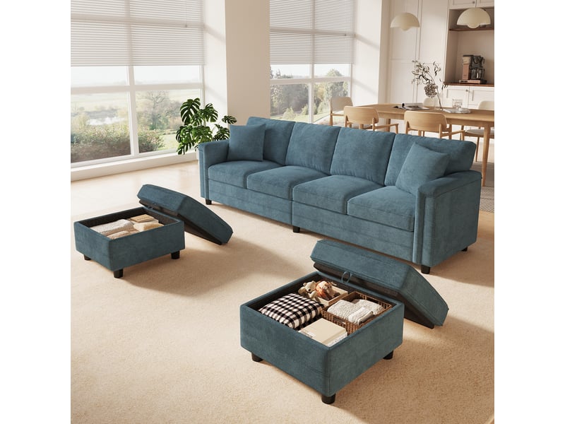  Canapé modulable 4 places en l ou u avec 2 poufs coffre, ports usb et usb-c, tissu chenille bleu, 2 coussins déco, 261 x 134 x 82 cm  - Conforama B