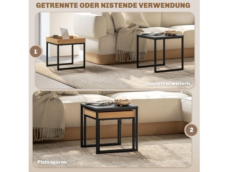  Tables basses gigognes 2 pièces avec plateau amovible et structure en acier pour salon, noir  - Conforama E