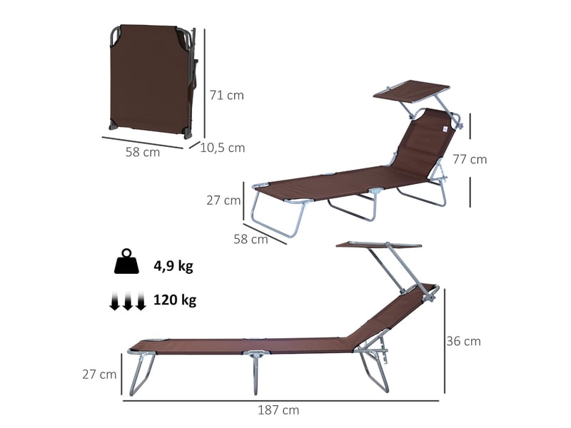  Transat de jardin pliable avec pare-soleil dossier 4 positions marron 187x58x36 cm  - Conforama C