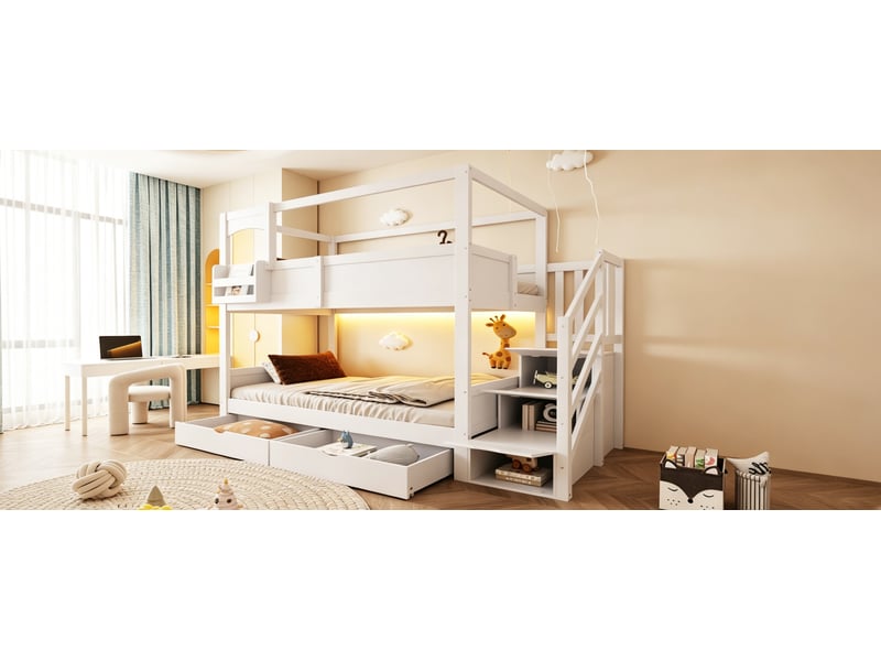  Lit superposé enfant 90x200 cm blanc bois de pin style cabane avec échelle de rangement tiroirs étagère et tableau noir Sol Morn - Conforama E