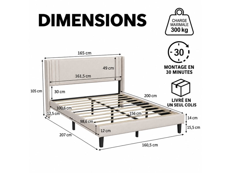  Lit adulte 160x200 cm, lit 2 places avec sommier à lattes, cadre de lit avec tête de lit capitonnée, lit double rembourré, lin beige  - Conforama C