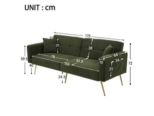 Canapé convertible 2 places en tissu bouclette, canapé vert avec pieds dorés, dossier inclinable 3 positions, avec coussins et poches.
