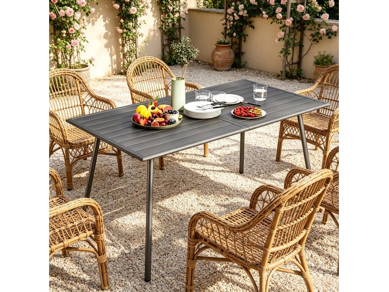Table de jardin 150x80x74 cm grise en acier, 6 personnes avec plateau rainuré résistant aux intempéries - Conforama B