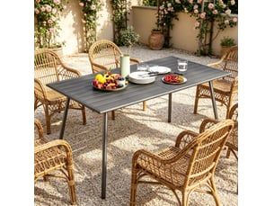 Table de jardin 150x80x74 cm grise en acier, 6 personnes avec plateau rainuré résistant aux intempéries