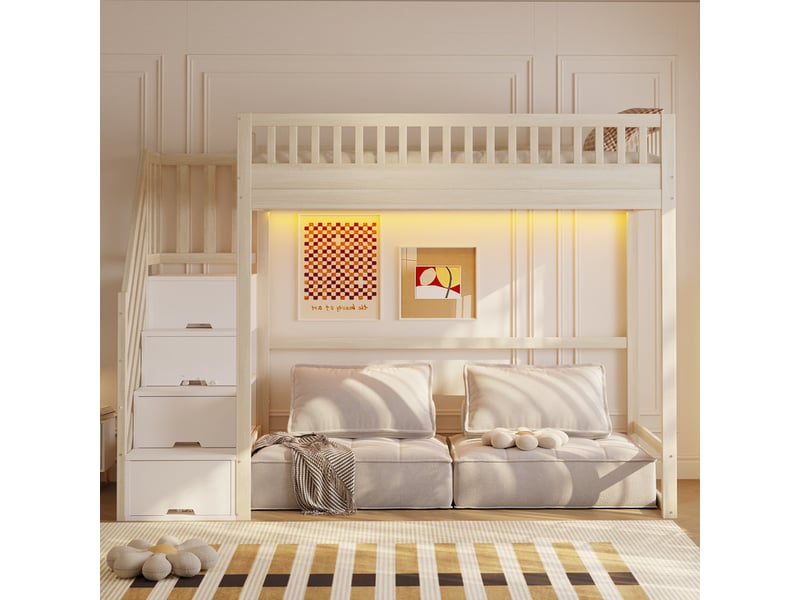 Lit mezzanine 90 x 200 cm - avec échelle de sécurité - avec barrières de sécurité - avec éclairage led - naturel (matelas non inclus)  - Conforama B