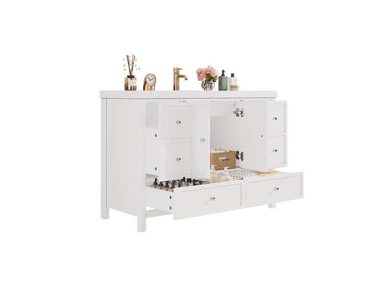 Meuble vasque autoportant 120cm, 4 tiroirs silencieux, 2 portes à fermeture douce, vasque résine, blanc - Conforama A