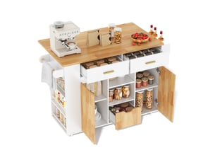 Îlot de cuisine mobile 120 x 4571 x 90 cm avec plateau rabattable, 3 tiroirs, étagères et roulettes, blanc et bois