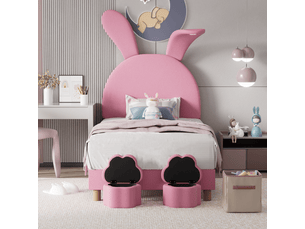 Lit enfant 90x200 cm avec led, 2 tabourets et oreilles de lapin rabattables, sommier inclus, velours, rose, sans matelas