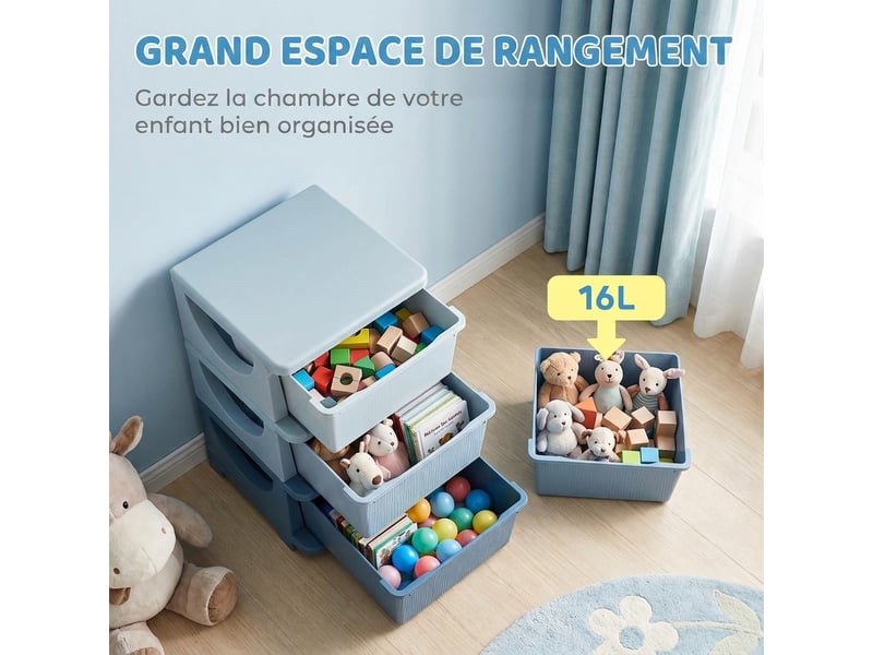 Organisateur de jouets pour enfants avec tiroirs à 3 niveaux, boîtes de rangement en plastique, 37 x 37 x 56,5 cm, bleu - Conforama E