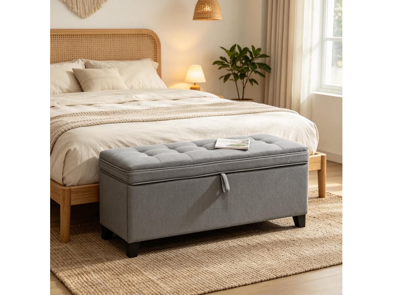  Banc de rangement tcqpz 120 x 40 x 48 cm capitonné 112 l tissu effet lin gris foncé  - Conforama E