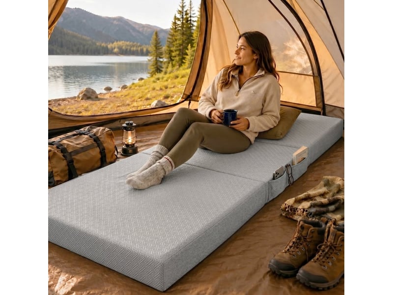  Matelas pliant 90 x 200 cm gris clair, mousse gel à mémoire 15 cm, housse lavable et dessous antidérapant  - Conforama D