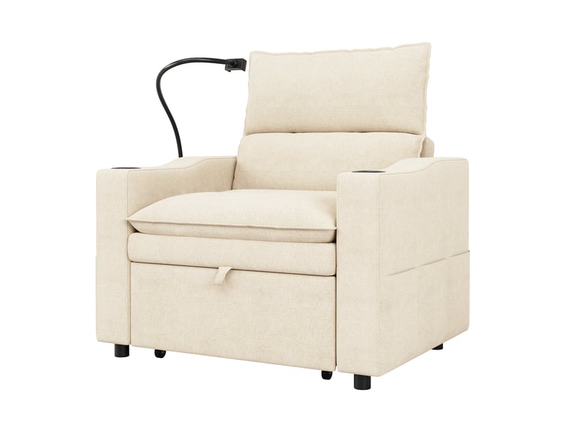  Fauteuil convertible 3 en 1 en chenille beige, usb-c, support téléphone, dossier réglable et porte-gobelets  - Conforama A