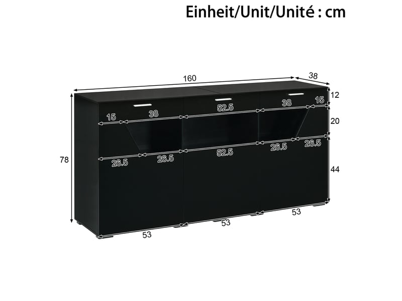 Buffet 3 portes 6 compartiments avec led pilotée par application 160x38x78 cm noir - Conforama C