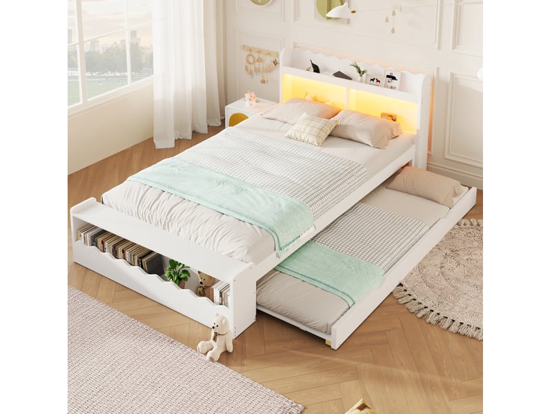  Lit simple 90x200 cm avec lit gigogne 90x190 cm, rangements et led, blanc  - Conforama E