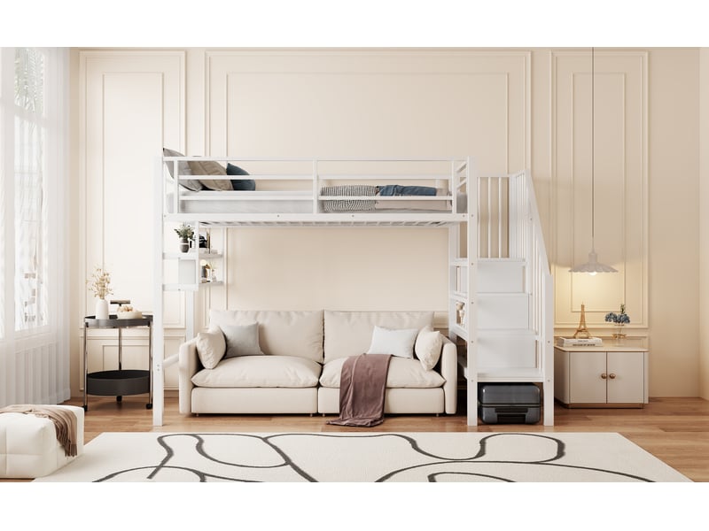 Lit mezzanine enfant 90 x 200 cm rangements échelle rangement garde-corps sécurisé métal et mdf blanc sans matelas - Conforama B