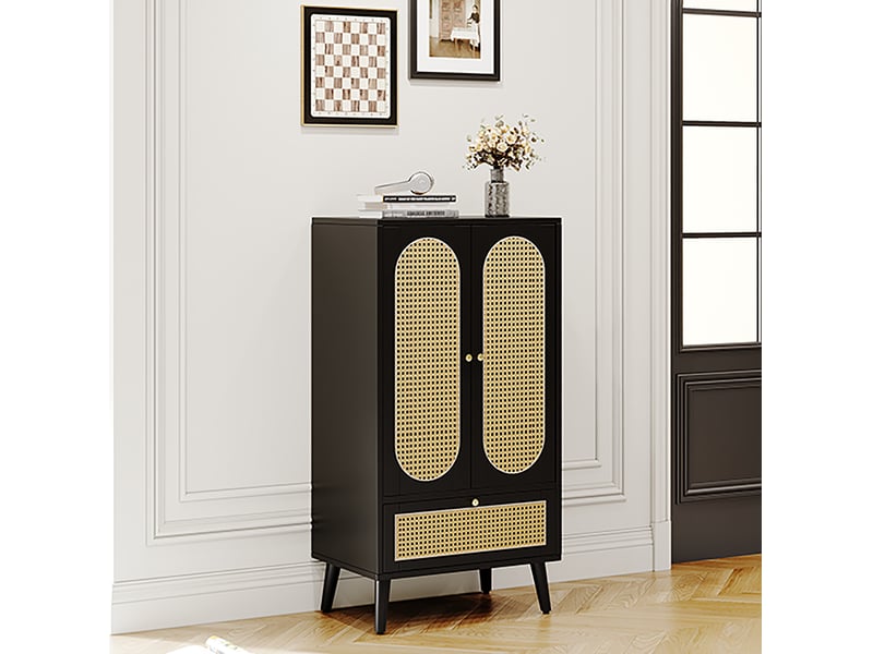 Buffet haut 60x40x110.5 cm avec 2 portes et 1 tiroir, décor rotin, noir  - Conforama C