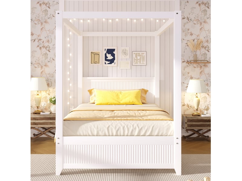 Lit baldaquin 90 × 200 cm avec cadre toit décoratif, lattes verticales, sans matelas, en bois et mdf, blanc - Conforama C