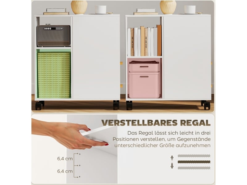 Caisson mobile à roulettes avec 2 tiroirs, 3 niches et étagère réglable pour bureau en bois blanc 60 × 30 × 65 cm - Conforama E