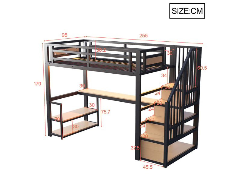  Lit surélevé 90*200 cm en métal, bandeau led, prise intégrée, escalier et bureau, noir  - Conforama B