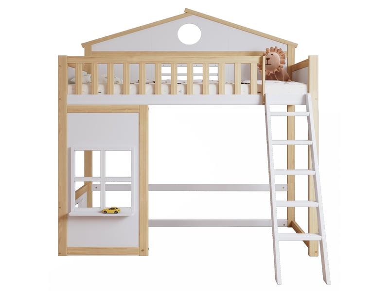  Lit mezzanine enfant 90x200 cm, design avec toit et fenêtres, un sommier, bois, blanc+naturel, sans matelas  - Conforama A