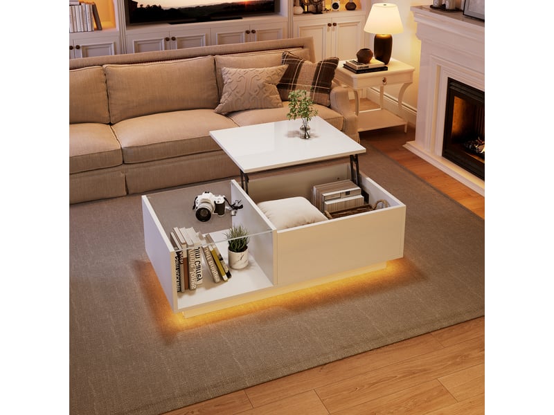 Table basse led relevable avec rangement caché, plateau en verre trempé, 100x50x33cm, blanc - Conforama C