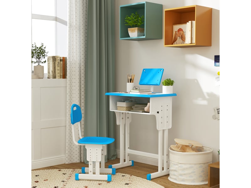  Bureau et chaise pour enfant avec support de lecture casier crochet et porte stylo 60 x 45x 90-102 cm bleu  - Conforama C