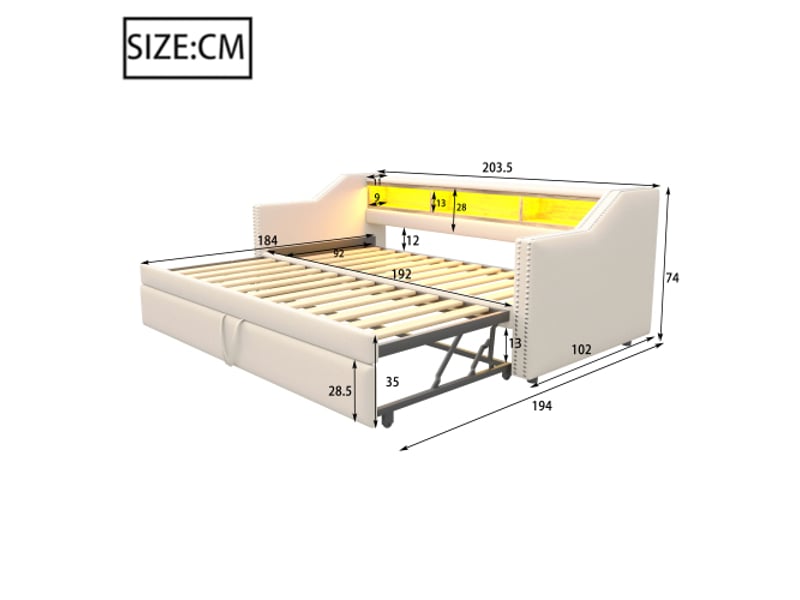  Lit capitonné, canapé-lit extensible 90180 x 190 cm, compartiment de rangement multifonctionnel, éclairage led et prise usb, sommier à lattes, beige  - Conforama E