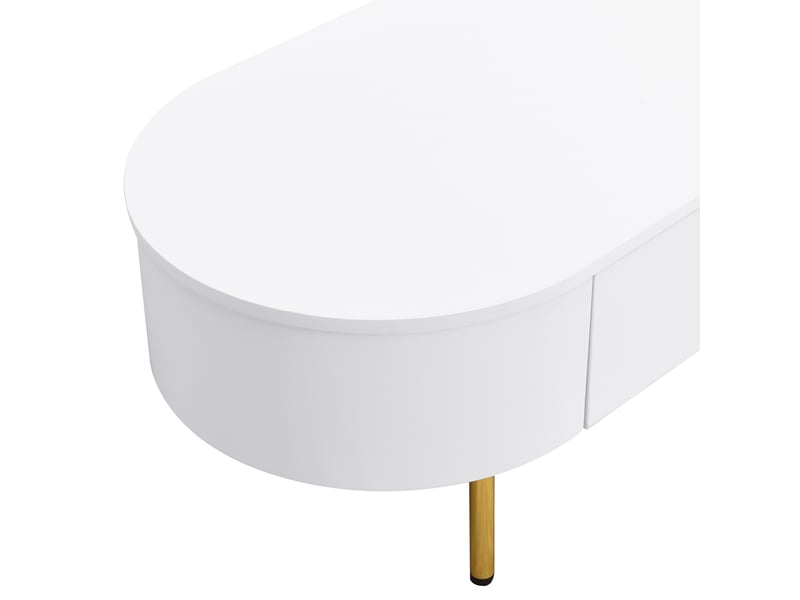  Table basse de salon 108x50x40cm, table ovale, 2 tiroirs, poignées et pieds dorés, style simple, mdf, blanc  - Conforama R