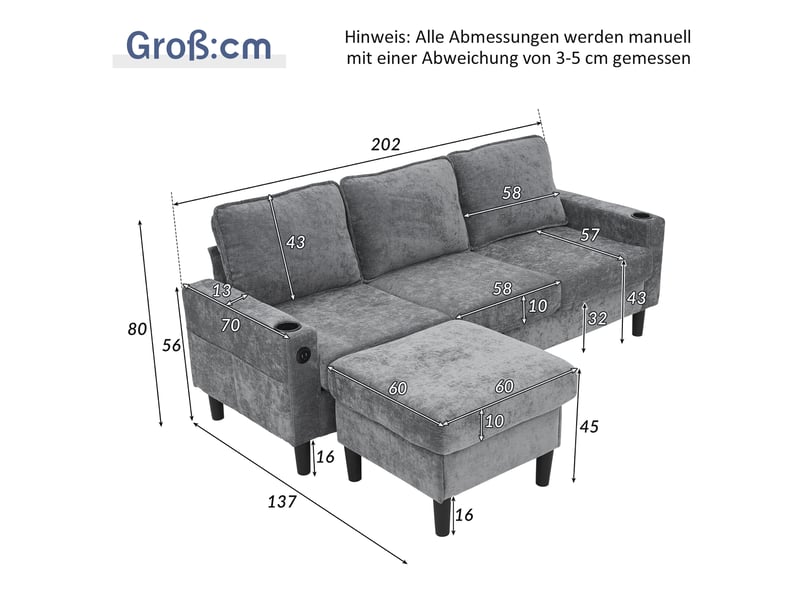 Canapé d'angle convertible gris en tissu, avec méridienne modulable, usb, usb-c et porte-gobelets intégrés - Conforama C