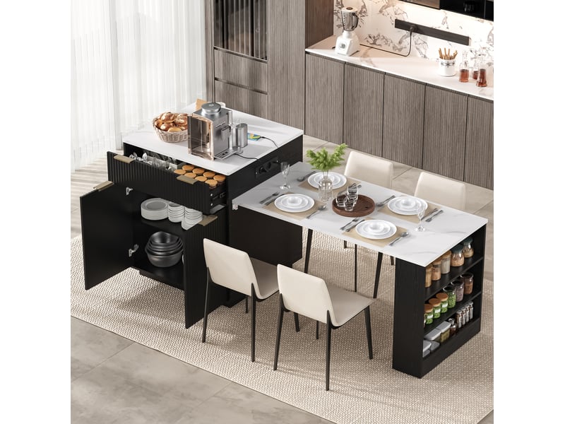 Desserte de cuisine extensible avec 4 tiroirs, 3 niches, led et prises intégrées, noir, 127,5–205 × 67 × 92 cm - Conforama B