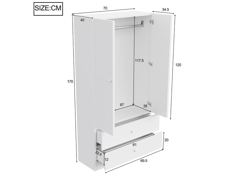  Armoire,70x40x170 cm,2 tiroirs,mdf,blanc  - Conforama C