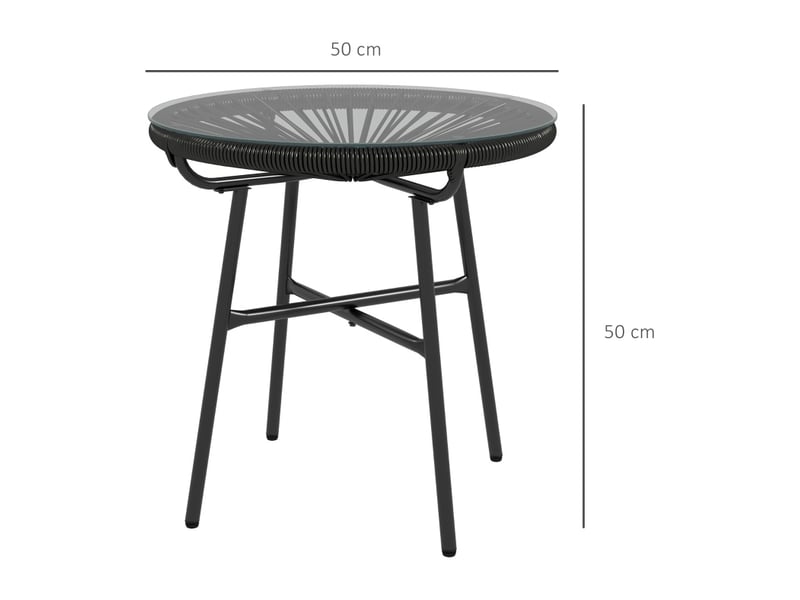 Table basse de jardin en rotin synthétique avec plateau en verre trempé, structure métallique, noire, 50 × 50 × 50 cm - Conforama C