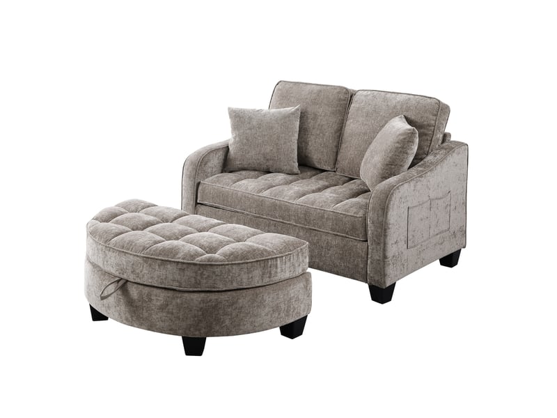  Canapé 1 place convertible 2-en-1 139,5x129,5x93 cm, pouf de rangement intégré, cadre en eucalyptus, chenille marron  - Conforama A