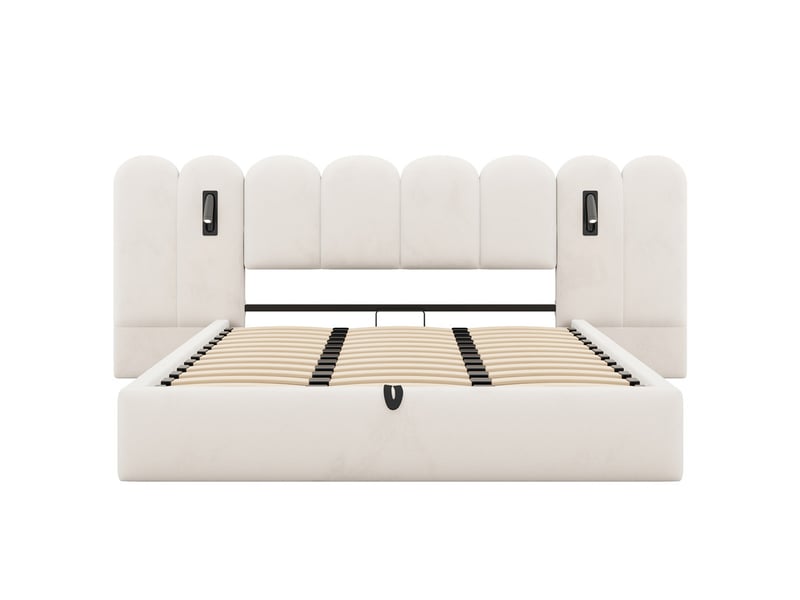  Lit coffre 180 x 200 cm, lit double avec longue tête de lit, liseuses réglables et ports de charge usb, velours beige  - Conforama A