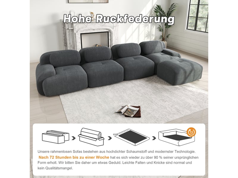  Canapé 4 places d’angle réversible en velours côtelé gris, largeur 388 cm, sans cadre W3325S00029 - Conforama C
