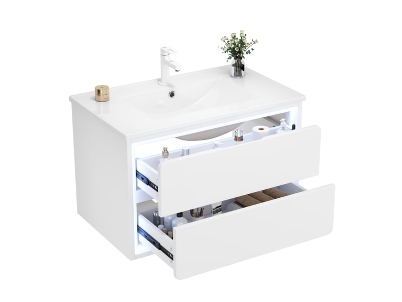  Meuble vasque suspendu 76x46x48,5 cm – blanc – led à détection radar, 2 tiroirs silencieux en mdf  - Conforama A