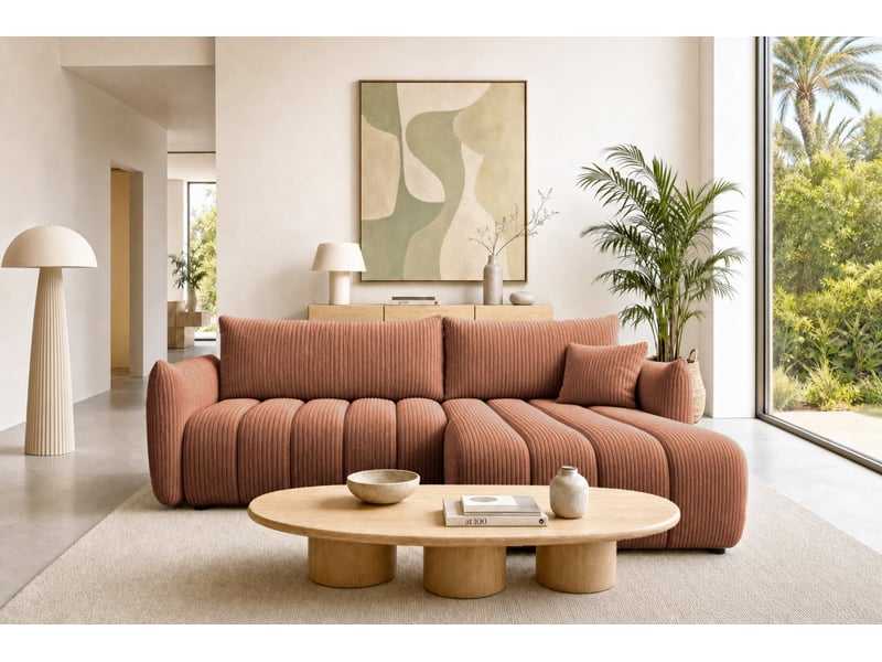 Moorea - canapé d'angle convertible gros velours côtelé 4 places terracotta - Conforama D