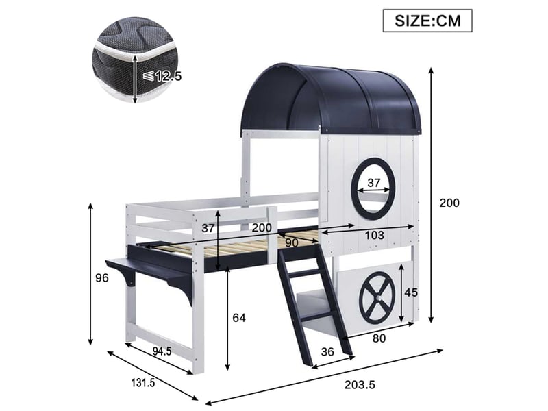 Lit mezzanine enfant 90x200 cm – blanc et bleu foncé – toit, tiroir à roulettes et échelle inclinée – sans matelas - Conforama C