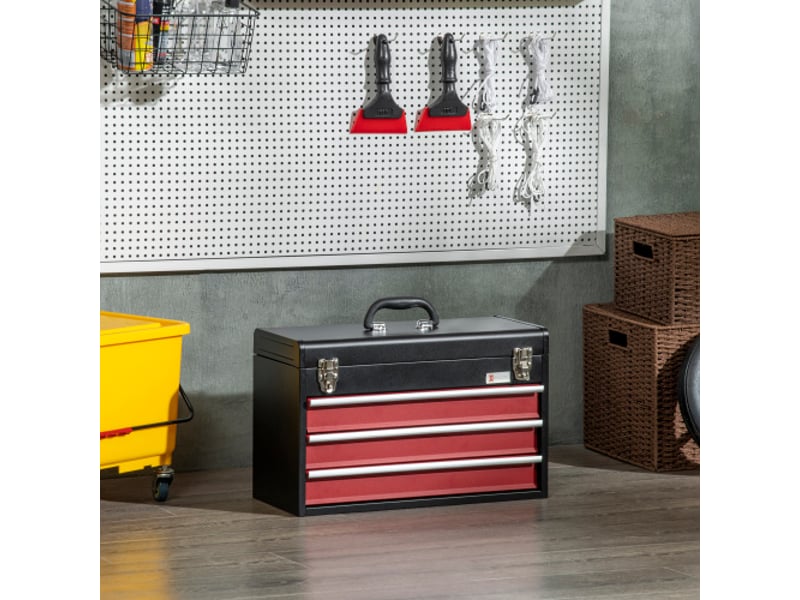 Caisse à outils vide en acier noir et rouge, 3 tiroirs, poignée et serrure, rangement pratique  - Conforama C