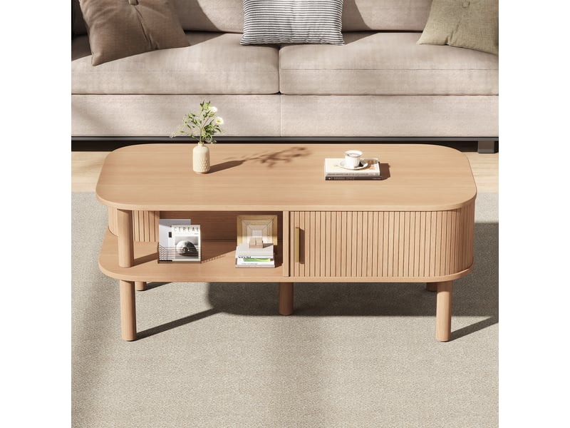  Table basse scandinave avec rangement et porte coulissante 110x55 cm mdf couleur bois naturel  - Conforama D