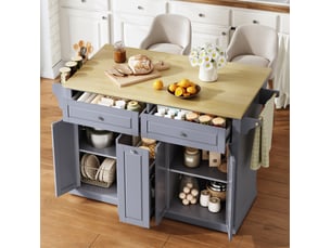 Desserte de cuisine avec plateau rabattable, 4 tiroirs, roulettes à frein, naturel et gris 121 × 69 × 89 cm