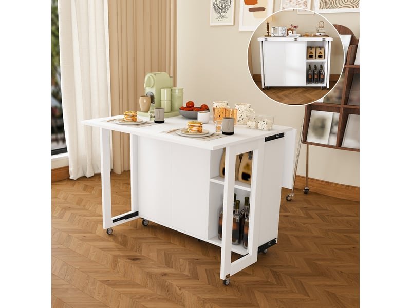  Table à manger pliante blanche, îlot de cuisine mobile sur roulettes avec rangement (sans matelas)  - Conforama B