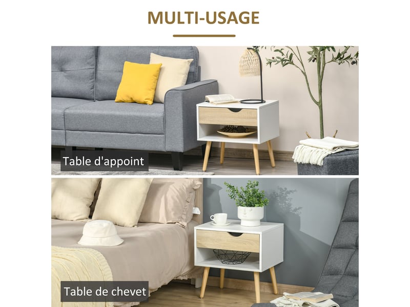  Table de chevet compacte 50 x 39 x 51 cm avec tiroir et niche scandinave minimaliste en panneau de particules blanc 21_0001465  - Conforama C