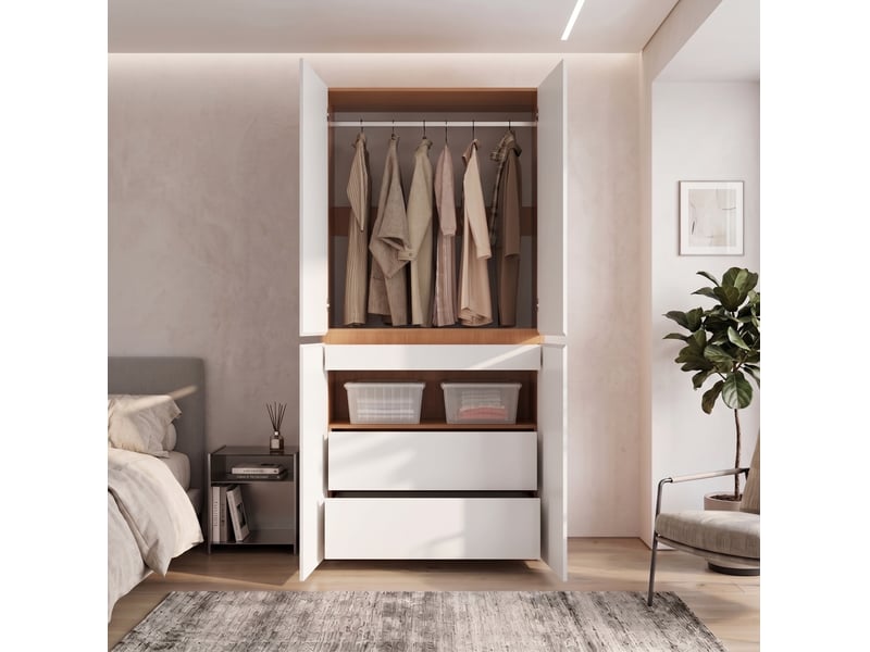  Armoire 4 portes 90 x 50 x 200 cm avec penderie, tiroir à bijoux, blanc  - Conforama D